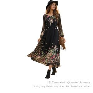 FloryDay Black Floral Butterfly Maxi Dress Sheer Sleeves Romantic Boho